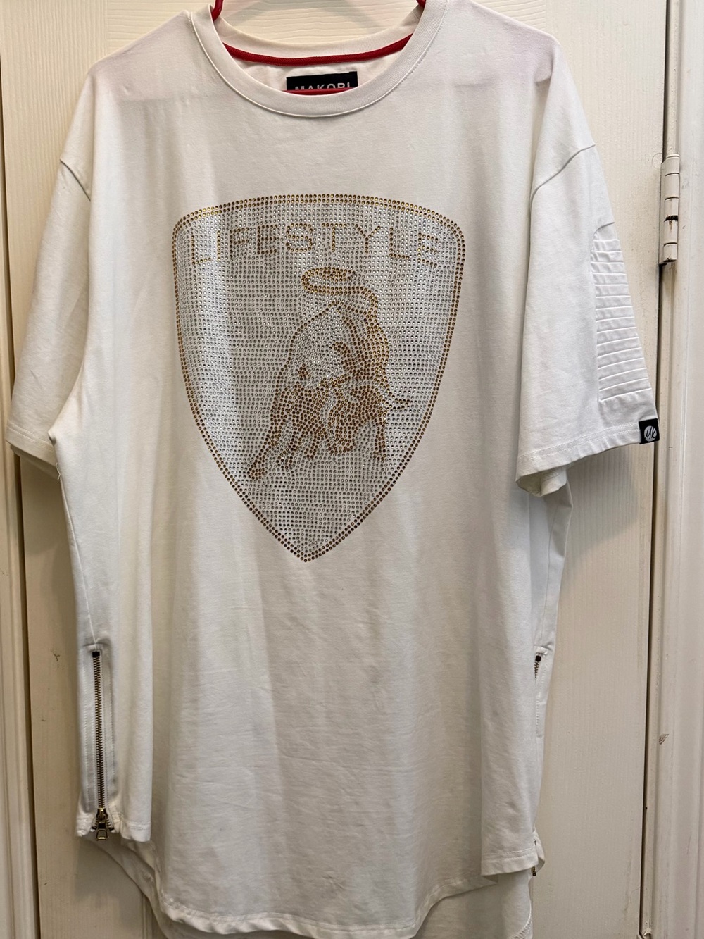 Hakori White Short-Sleeve Tee with Gold Shield Graphic